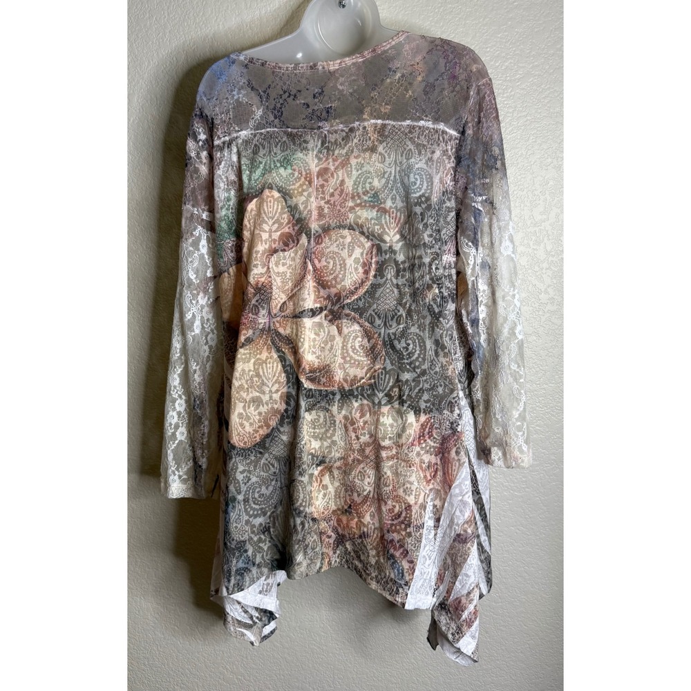 Cactus Womens XL Tunic Top Multicolor Mesh Lace Floral Paisley Sharkbite Hem